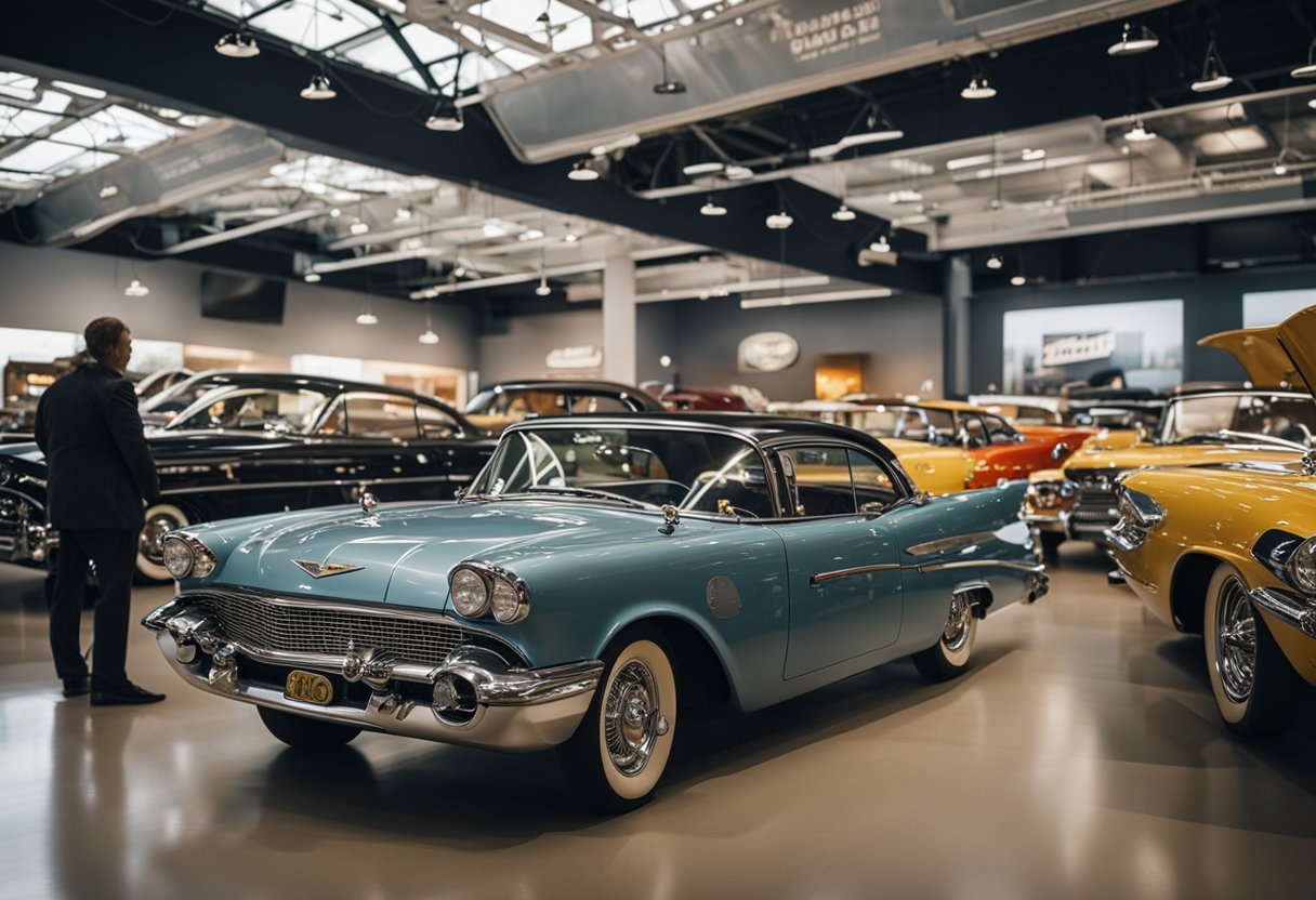 A lineup of classic cars at an automotive museum, with visitors admiring the vehicles and reading informational plaques