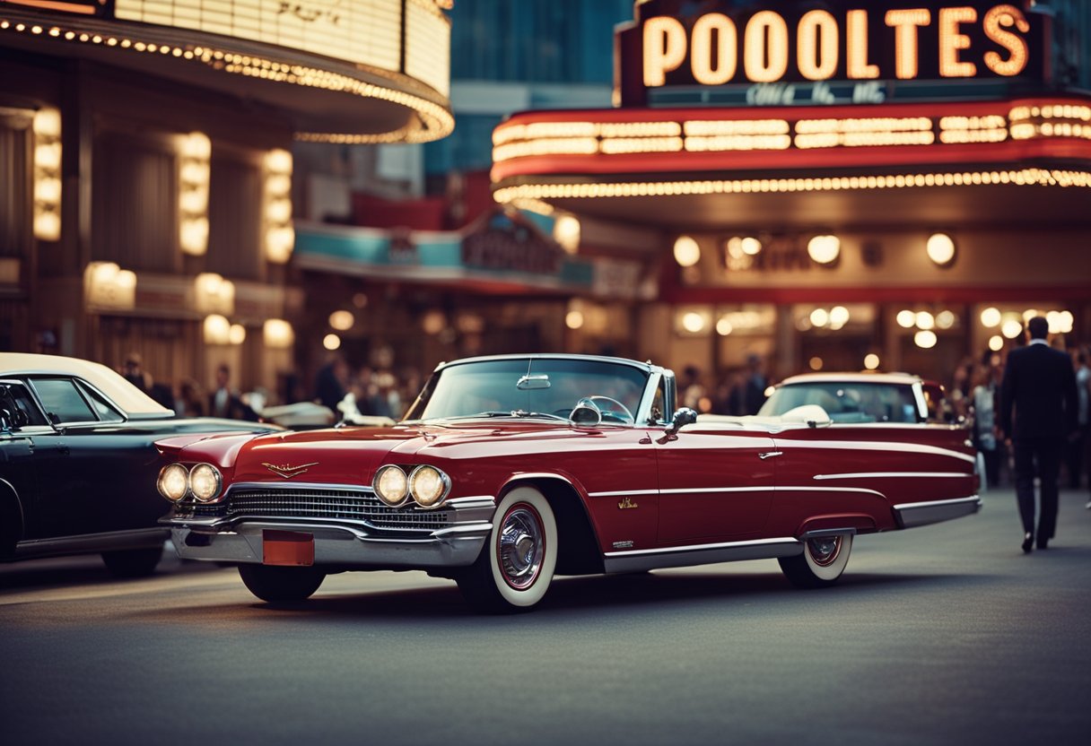 Iconic cars from movies. A vintage red convertible parked in front of a classic movie theater marquee. The car is surrounded by paparazzi and fans taking photos