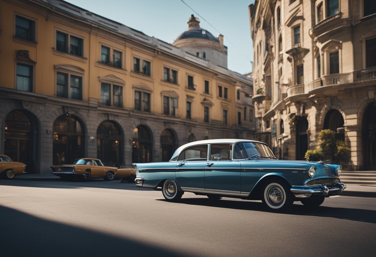 A classic car drives through a cinematic landscape, with iconic movie scenes projected onto the surrounding buildings