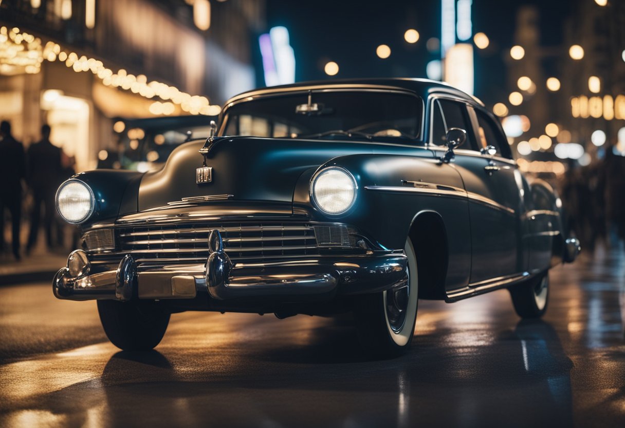 A classic car speeding through a city street, with bright lights and movie posters in the background, capturing the cultural and commercial impact of cars in cinema