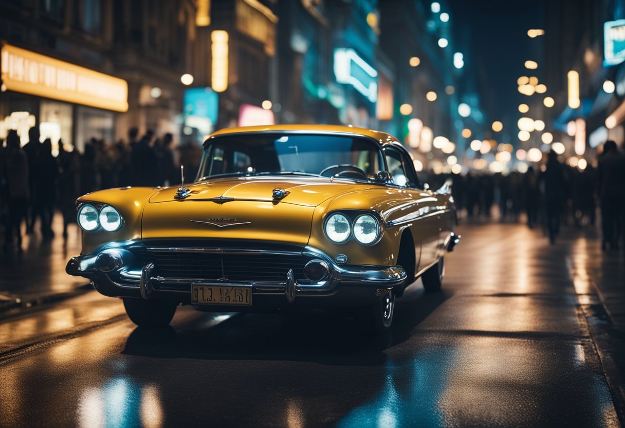 A sleek, vintage car races down a city street, with neon lights and bustling crowds in the background, capturing the dynamic influence of cars in cinema