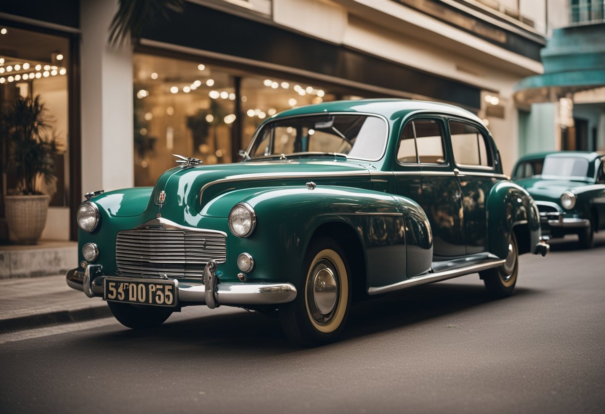 A vintage Brazilian car parked outside a cinema, with film reels and projectors visible through the windows