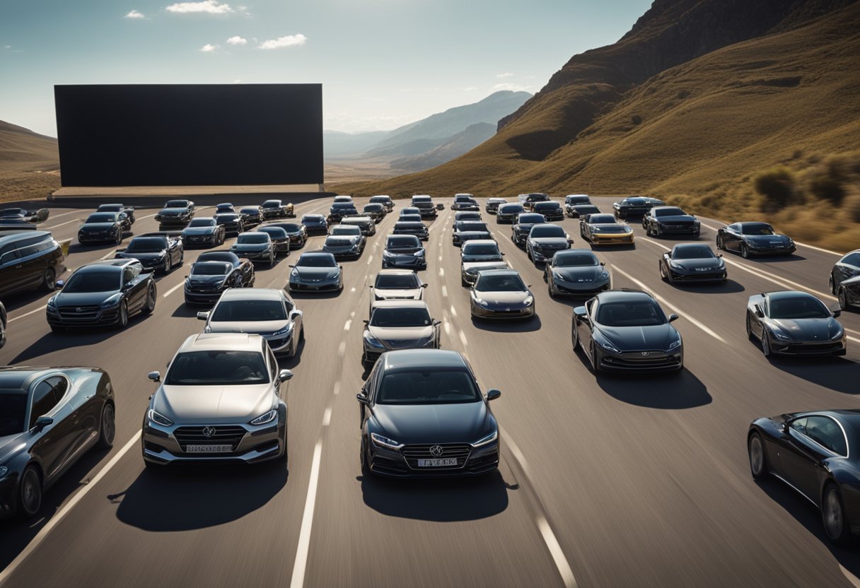 A line of cars driving through a cinematic landscape, with movie screens and film reels in the background