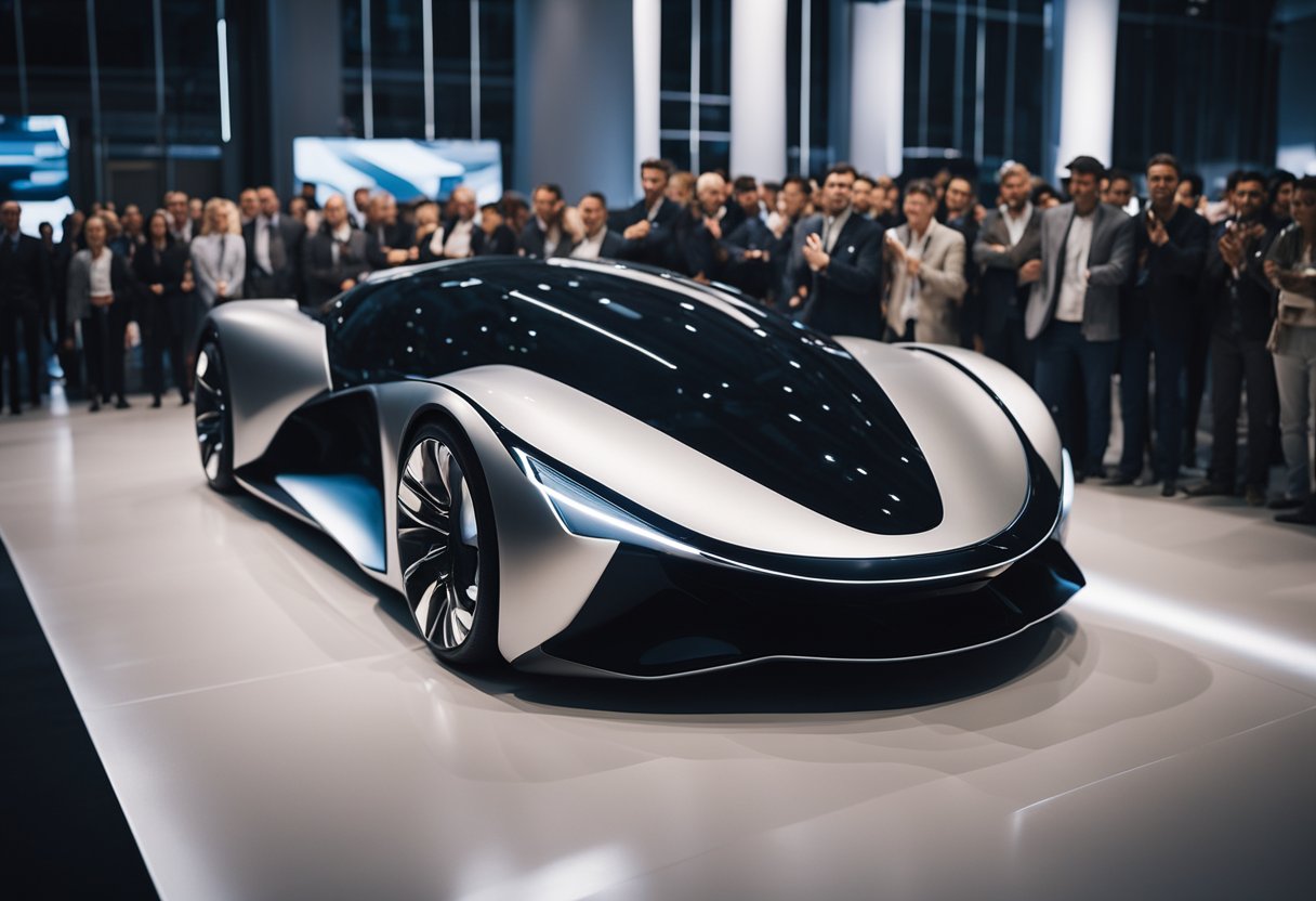 A sleek, futuristic vehicle design showcased at a recent launch event, surrounded by a crowd of onlookers and industry professionals