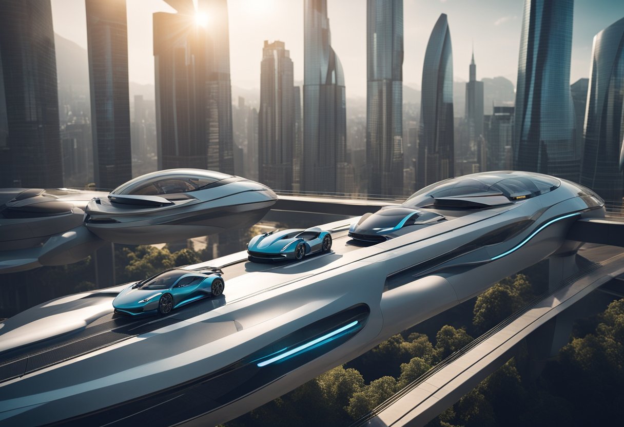 A futuristic cityscape with sleek vehicles and modern architecture, showcasing recent launches and advancements in transportation technology