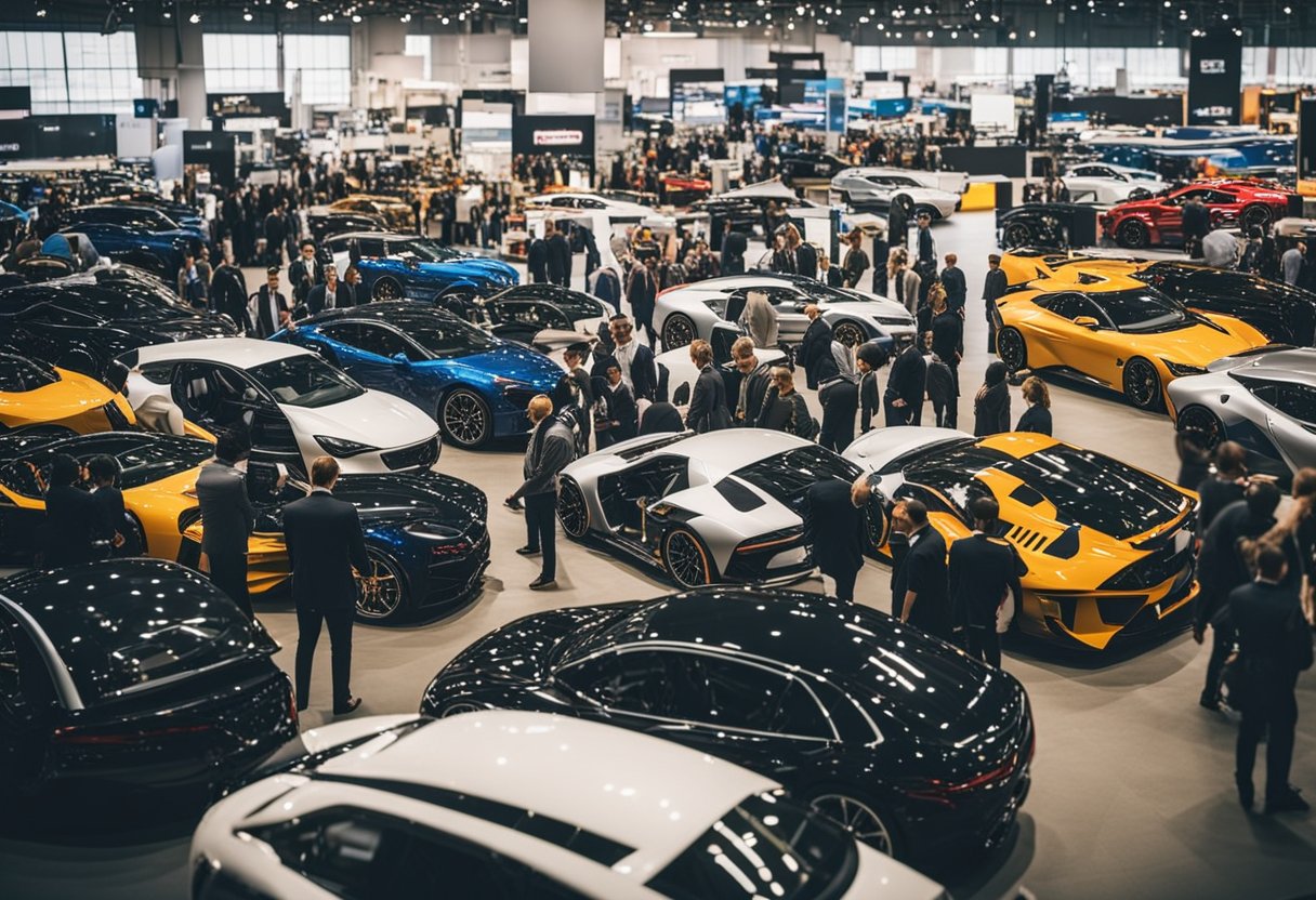 A bustling automotive fair with shiny cars, enthusiastic crowds, and elaborate displays of the latest technology and designs