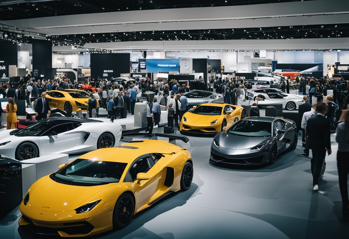 A bustling automotive trade show with sleek cars, flashy displays, and enthusiastic crowds