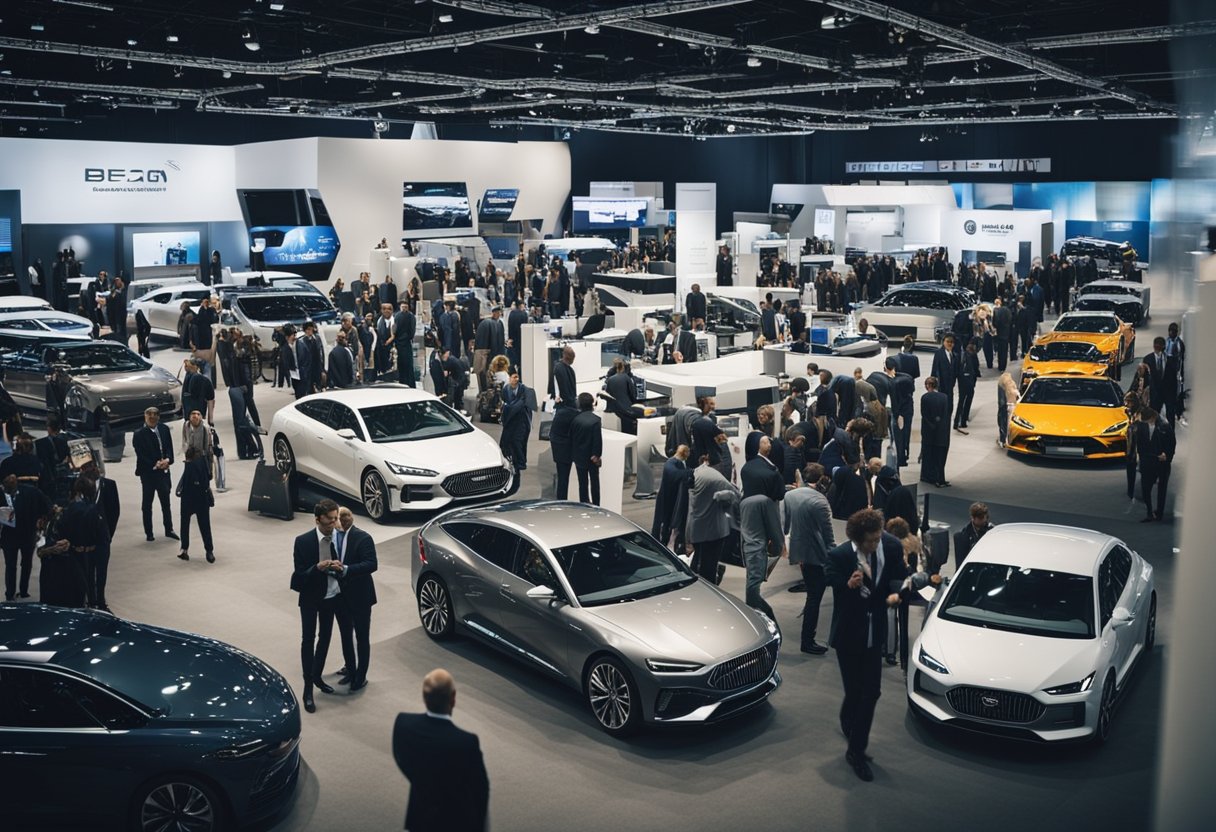 A bustling trade show floor with sleek cars on display and business professionals networking and making deals