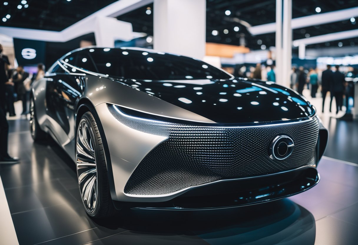 A sleek, futuristic car concept displayed at an automotive expo, surrounded by innovative technology and cutting-edge design elements