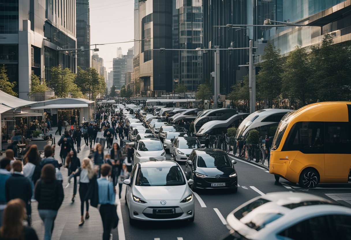 A bustling city street with electric cars, bicycles, and pedestrians. Sustainable transportation showcased at an urban mobility exhibition