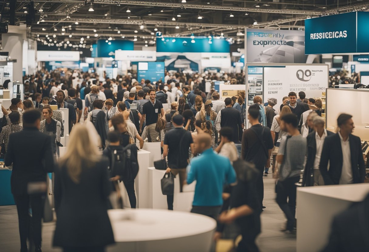 A bustling trade show with cars on display, people browsing booths, and a sign reading "Frequently Asked Questions Resumos de feiras e exposições automobilísticas."