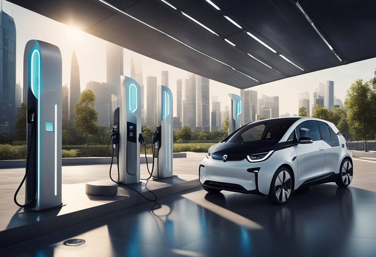 A charging station with electric cars, surrounded by futuristic buildings and renewable energy sources