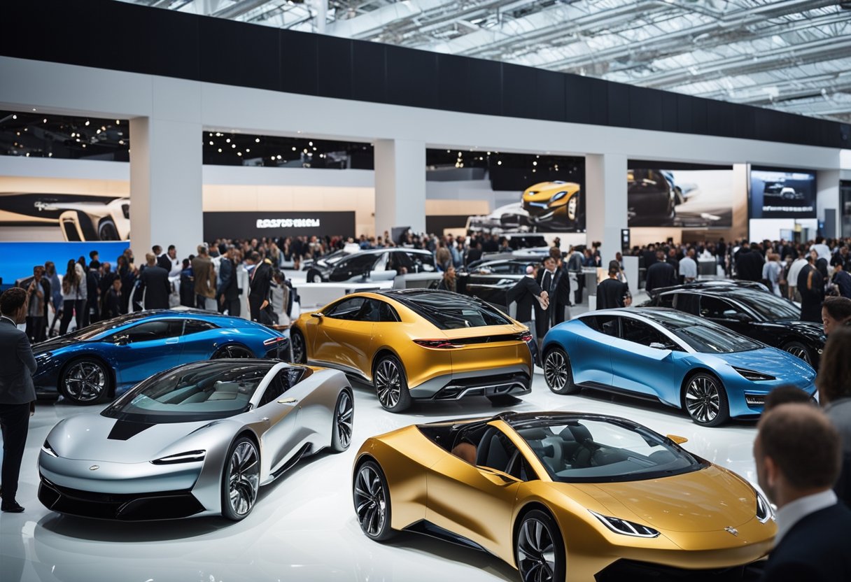 A bustling auto show with sleek electric cars on display, surrounded by eager onlookers and industry professionals discussing the latest market trends and future prospects