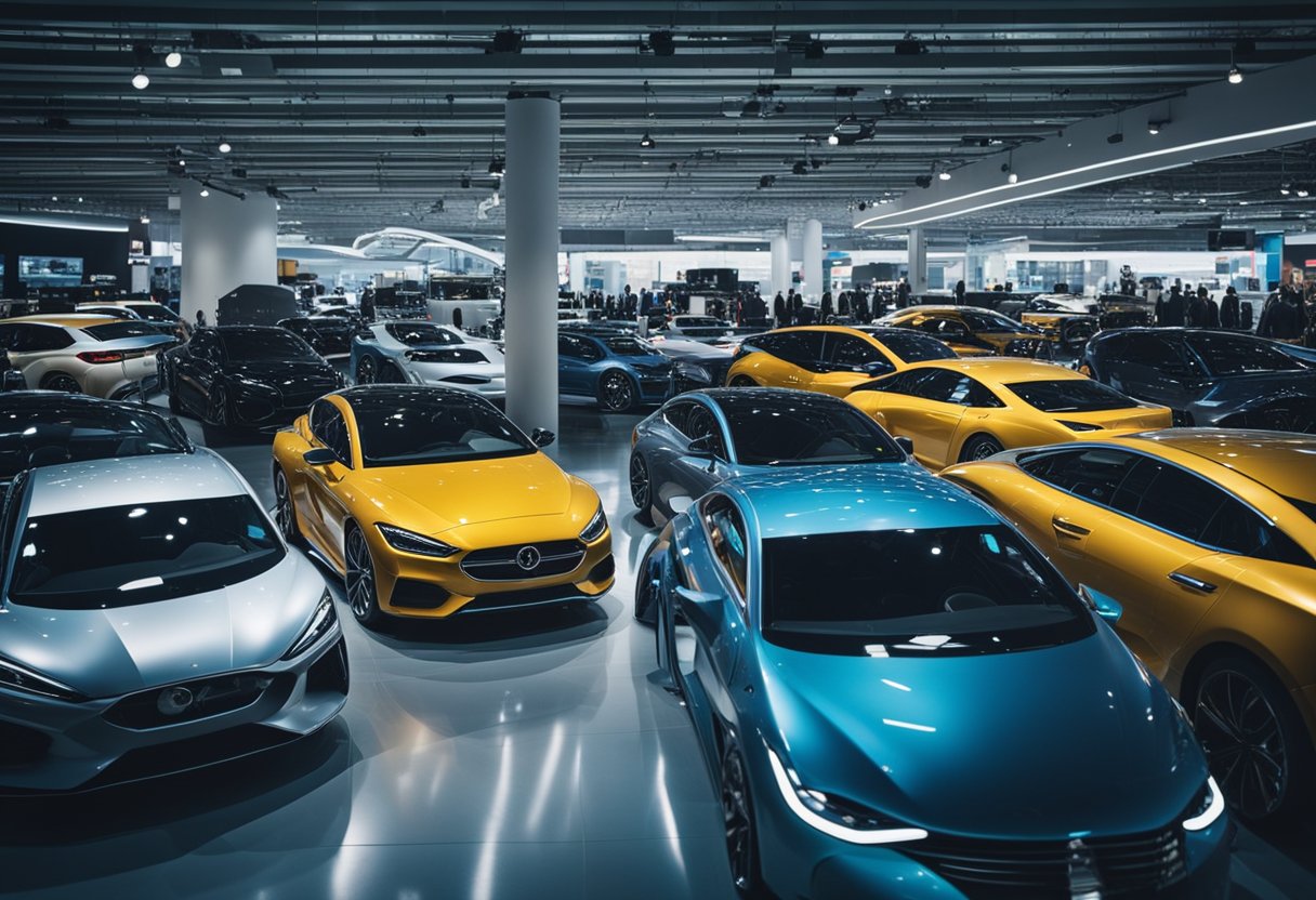 A bustling car market with sleek vehicles on display, surrounded by futuristic technology and innovative designs