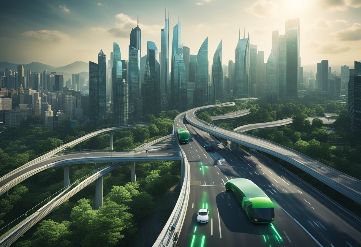 A bustling city skyline with electric cars zipping through clean, green streets. Graphs and charts hover in the air, showing economic and environmental data