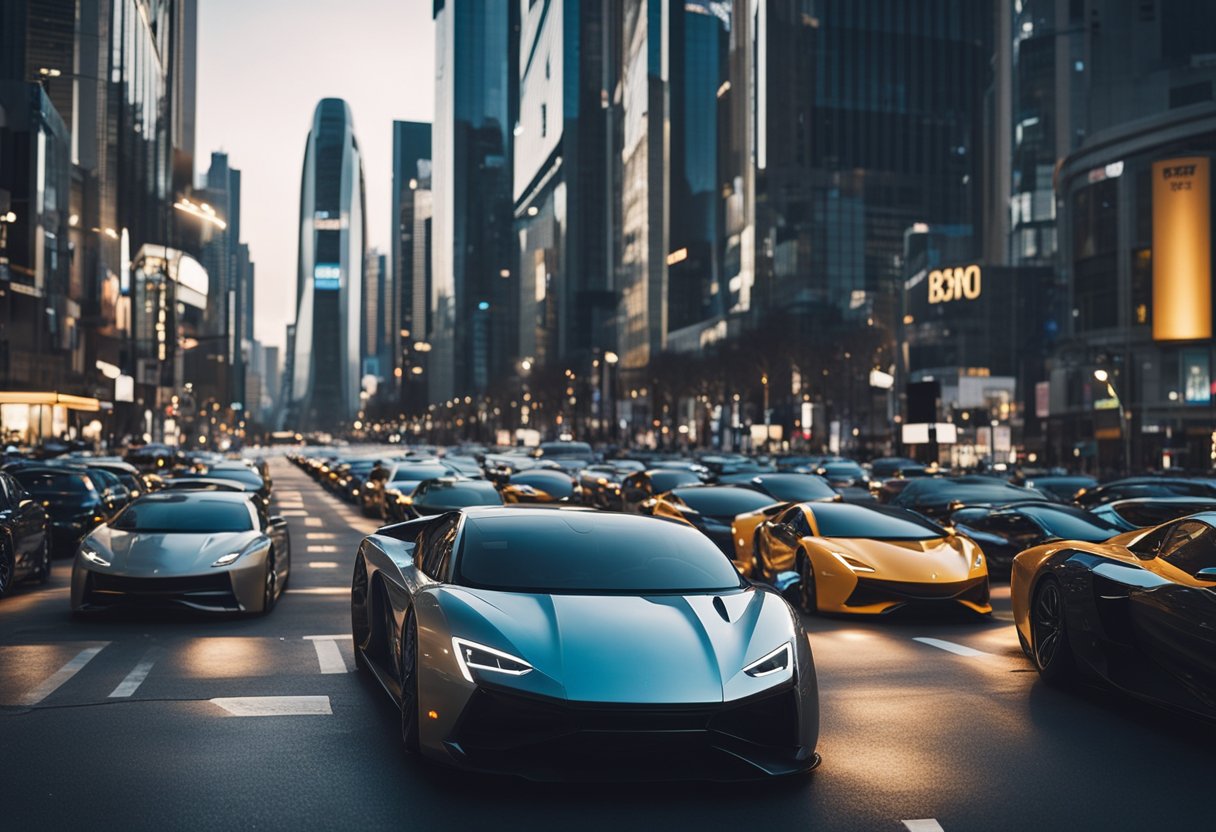 A bustling city street with futuristic cars and bustling traffic, showcasing the challenges and opportunities in the automotive market