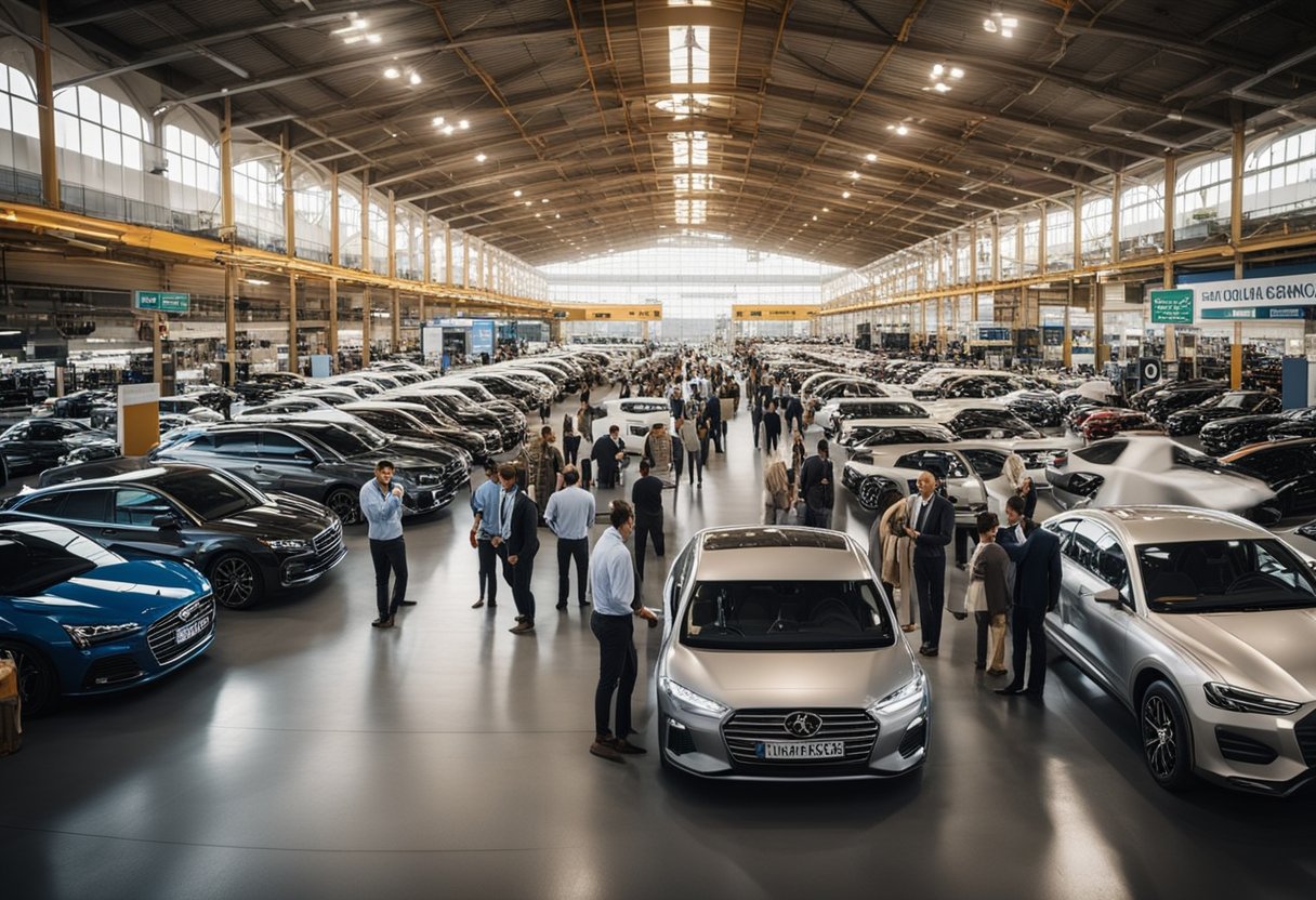 A bustling car market with customers and salespeople interacting, vehicles on display, and a sign reading "Frequently Asked Questions Previsões para o mercado automobilístico"