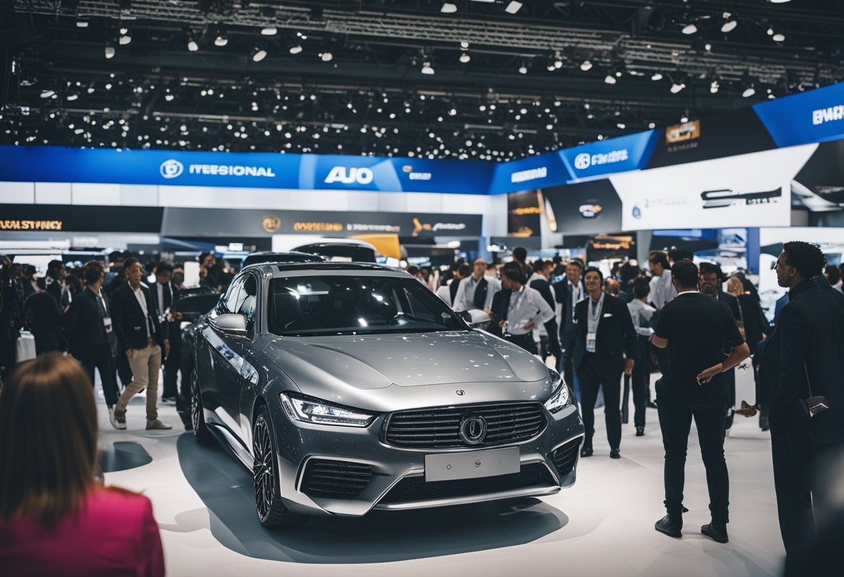 The International Auto Shows: A bustling exhibition hall with sleek cars, bright lights, and excited crowds