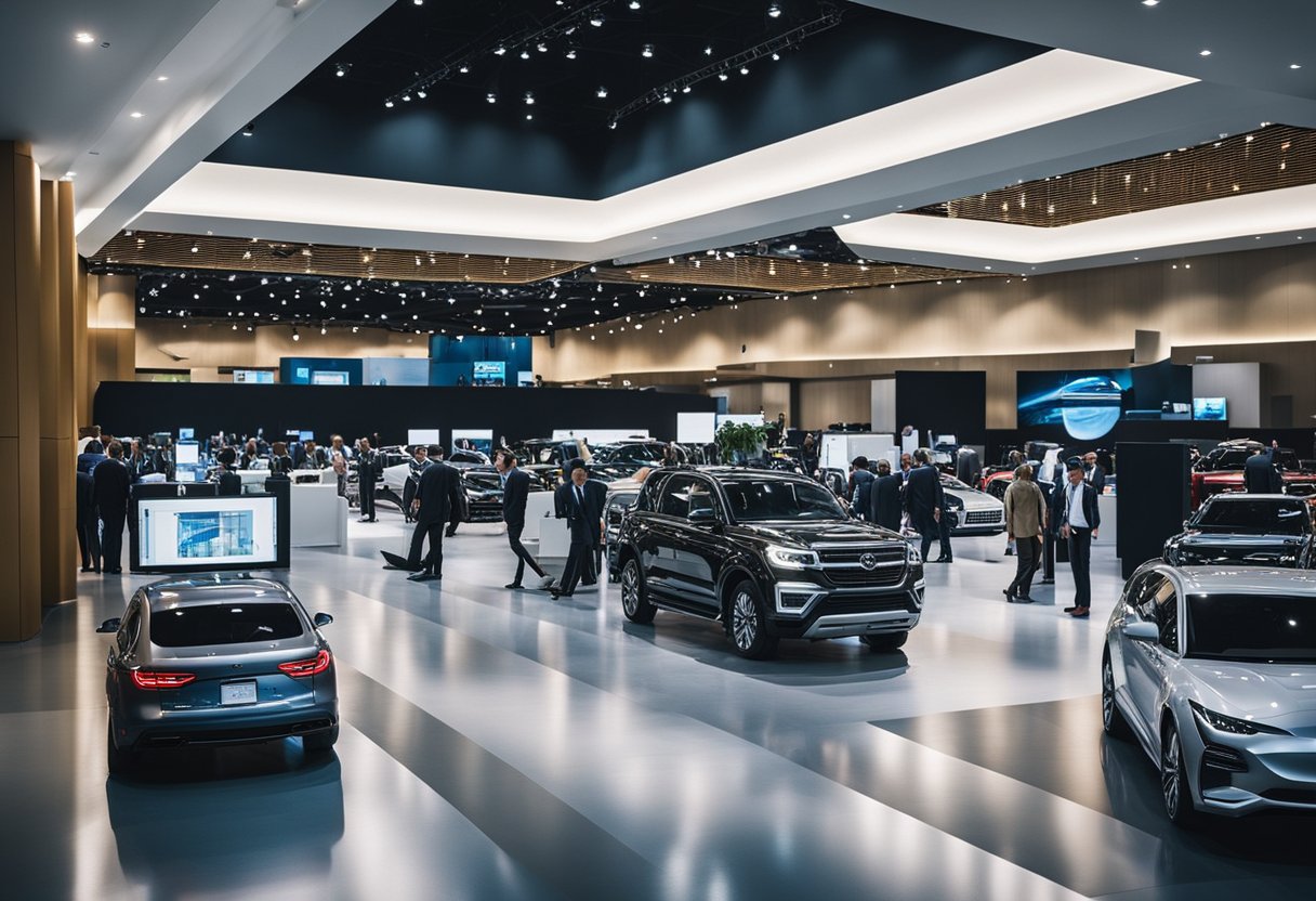 A bustling convention center filled with cutting-edge automotive technology displays and industry professionals networking