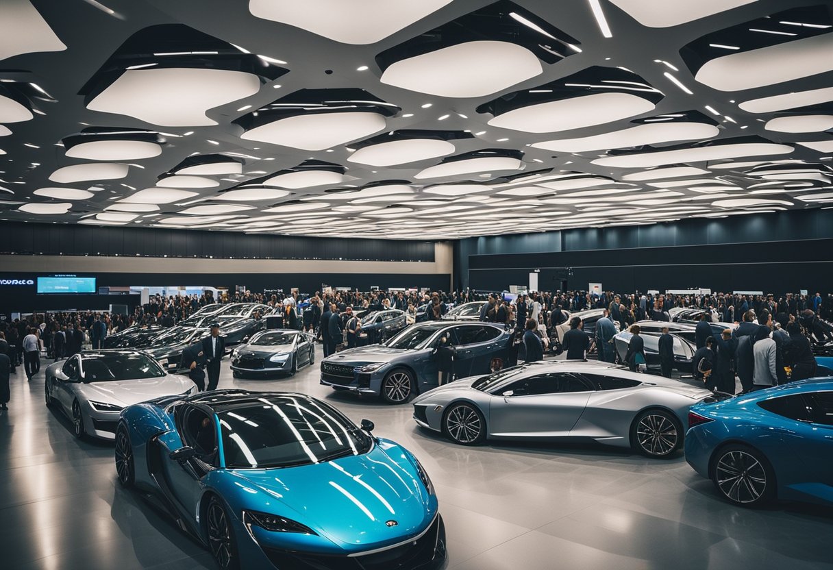 A bustling convention center filled with sleek cars, bright lights, and eager attendees at the National Conferences and Expositions, the premier automotive events of the year