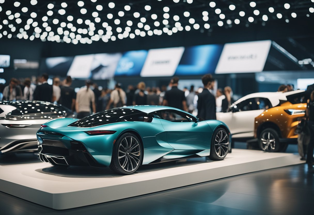 A crowded exhibition hall with flashy cars on display and people milling about, engaging with vendors and admiring the latest automotive innovations