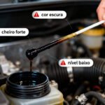 Cor escura, cheiro forte, textura grossa e ruídos no motor indicam óleo vencido. Veja como a vareta e o manual ajudam a saber a hora da troca